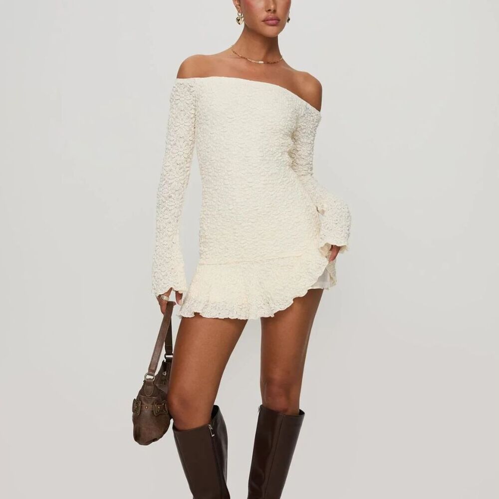 Princess Polly, Vancesca Off Shoulder Long Sleeve Mini Dress Cream, XS 0